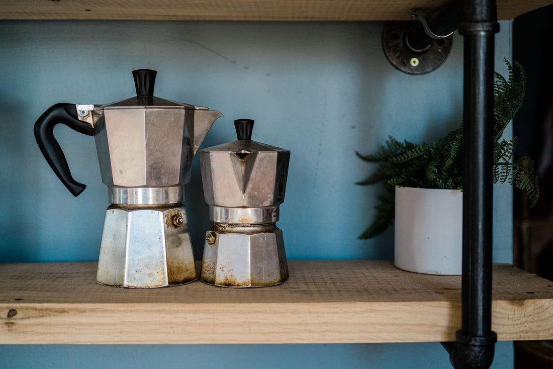Twee moka potten op een houten plank naast een varen, klaar om koffie te zetten