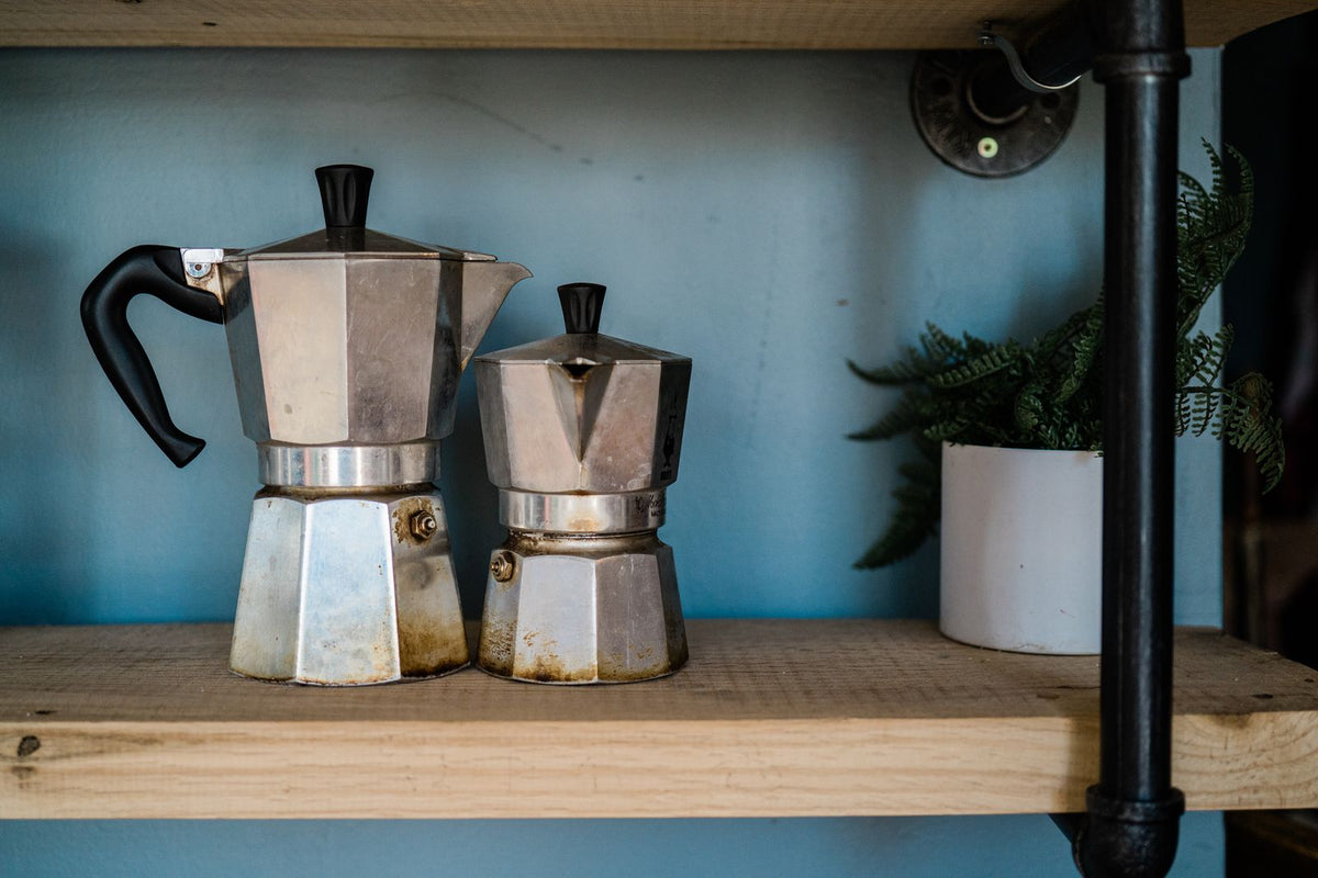 Twee moka potten op een houten plank naast een varen, klaar om koffie te zetten